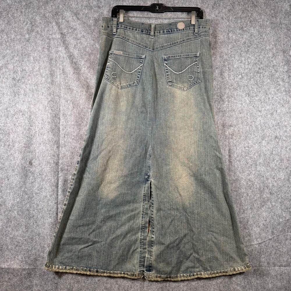 Vtg Maxi Denim Skirt Womens 11/12 Y2K Front Slit Grunge Boho Jean Crochet Hippie